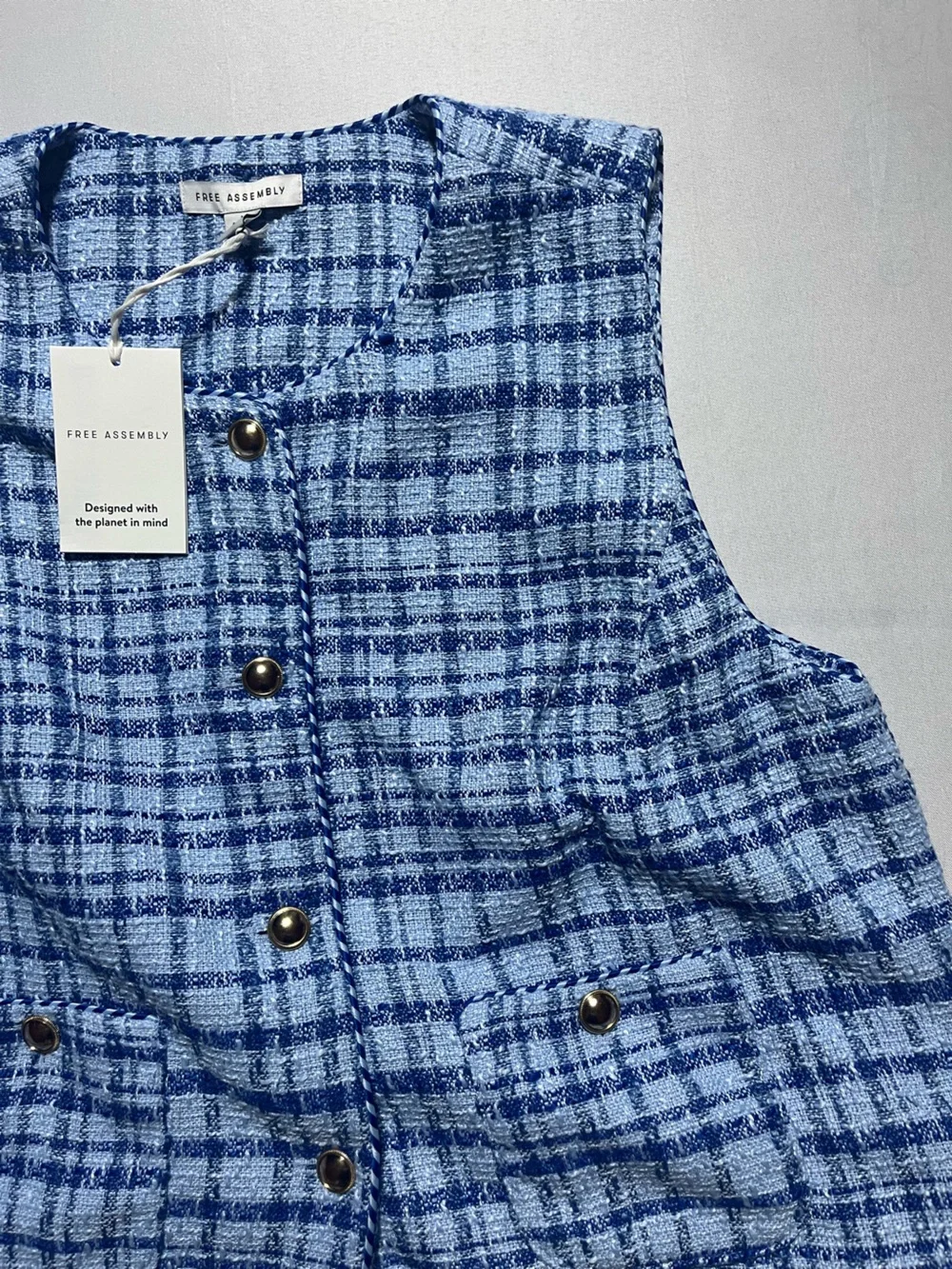 Free Assembly Women’s Large Blue Plaid Tweed Button Front Sleeveless Vest